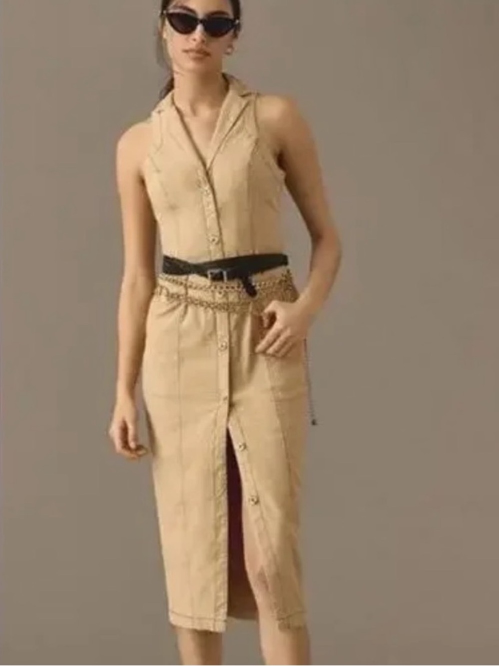 Anthropologie Sleeveless Linen Blend Shirt Dress Button Front Pockets Tan US 8